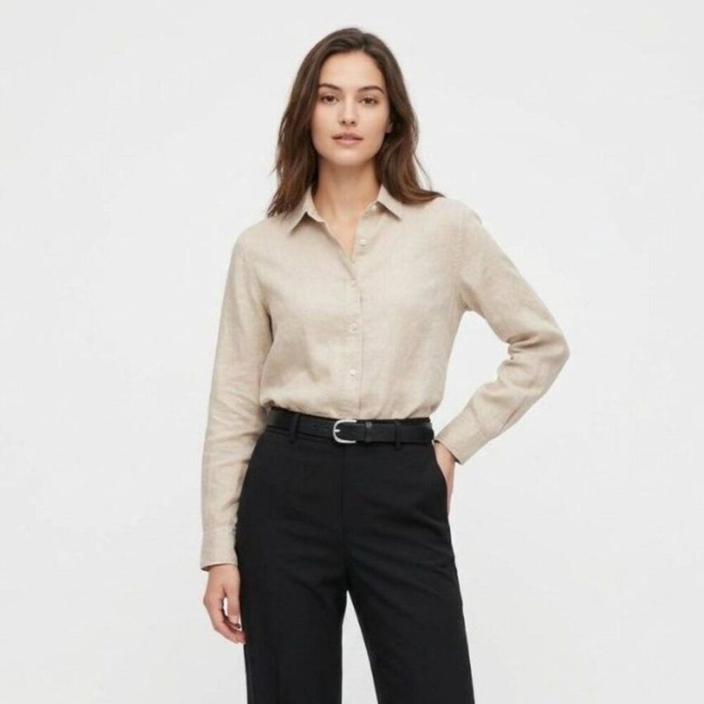 Uniqlo 100% Linen Tan Long Sleeve Button Blouse Top M